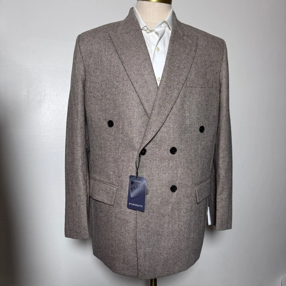 StudioSuits Blazer Mens 46R Brown Herringbone Double Breasted Wool‎ Blend Jacket